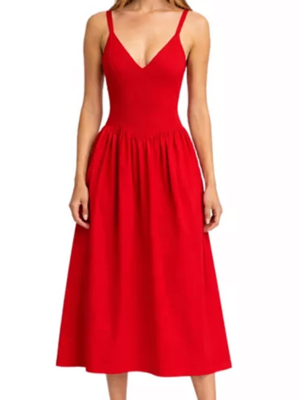 Ronny Kobo Red V-Neck Midi Dress with Spaghetti Straps